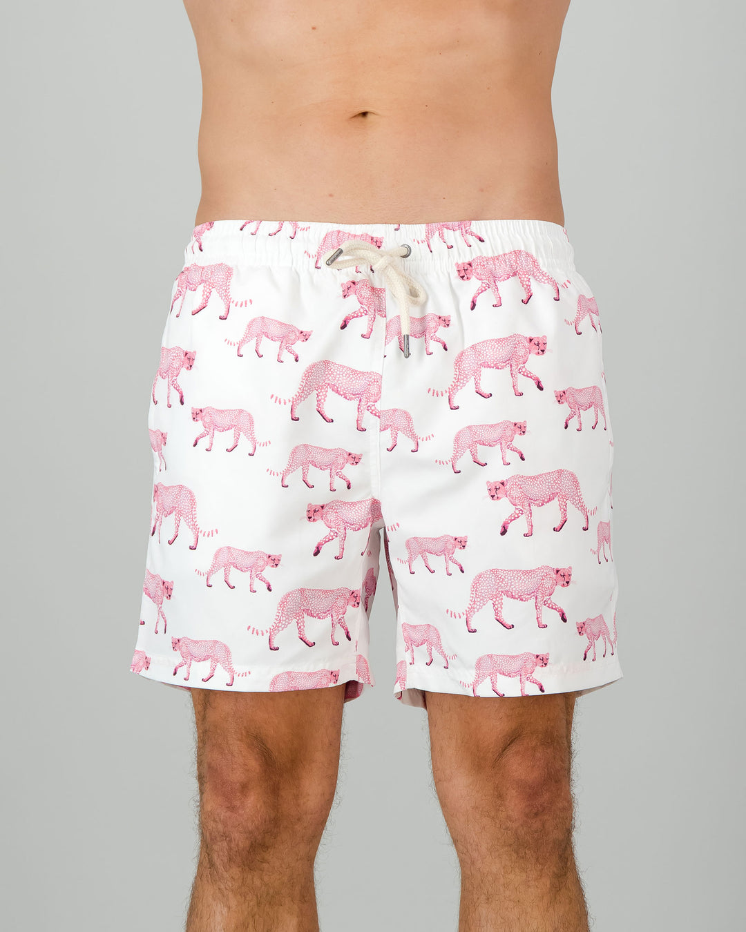 Mens Swim Shorts - Pink Cheetahs on White Front - Woodstock Laundry