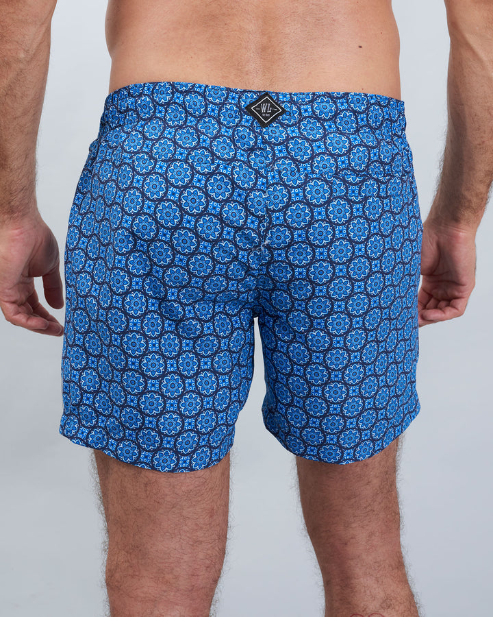 Mens Swim Shorts Indigo Floral Back - Woodstock Laundry