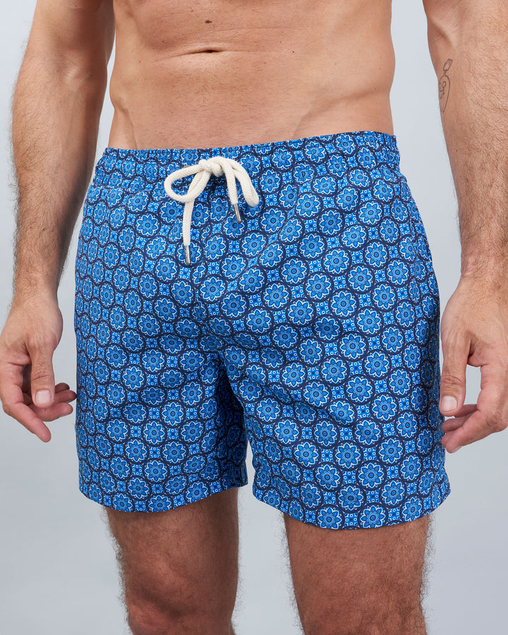 Mens Swim Shorts Indigo Floral Front - Woodstock Laundry