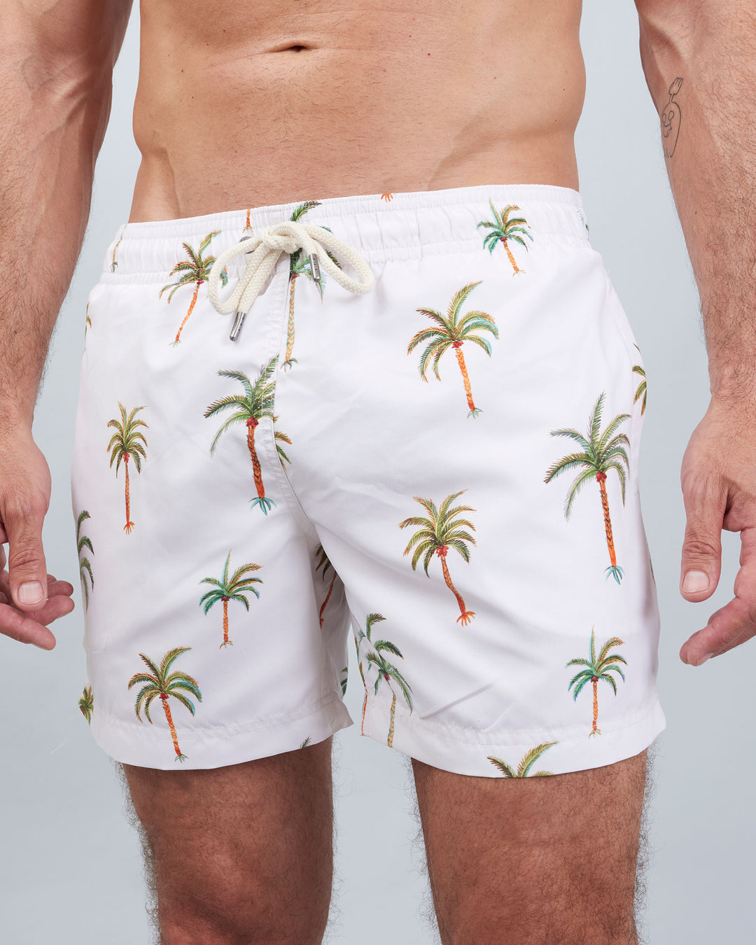 Mens Swim Shorts - Palm Beach on Cream Front - Woodstock Laundry