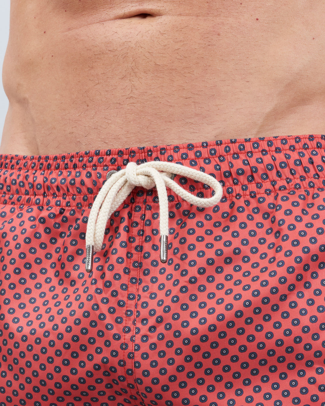 Mens Swim Shorts - Navy Poppy Circles on Red Close - Woodstock Laundry