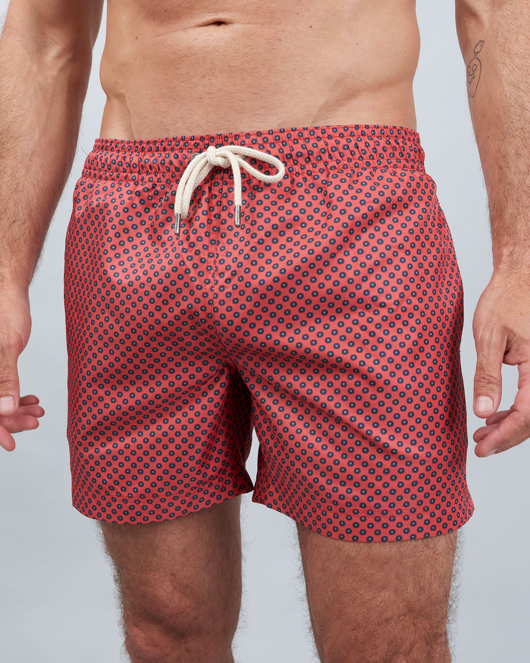 Mens Swim Shorts - Navy Poppy Circles on Red Front - Woodstock Laundry