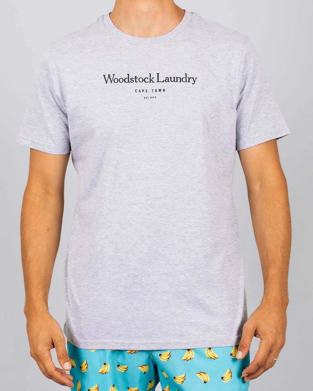 Mens Melange T-Shirt - Black Typo Front - Woodstock Laundry