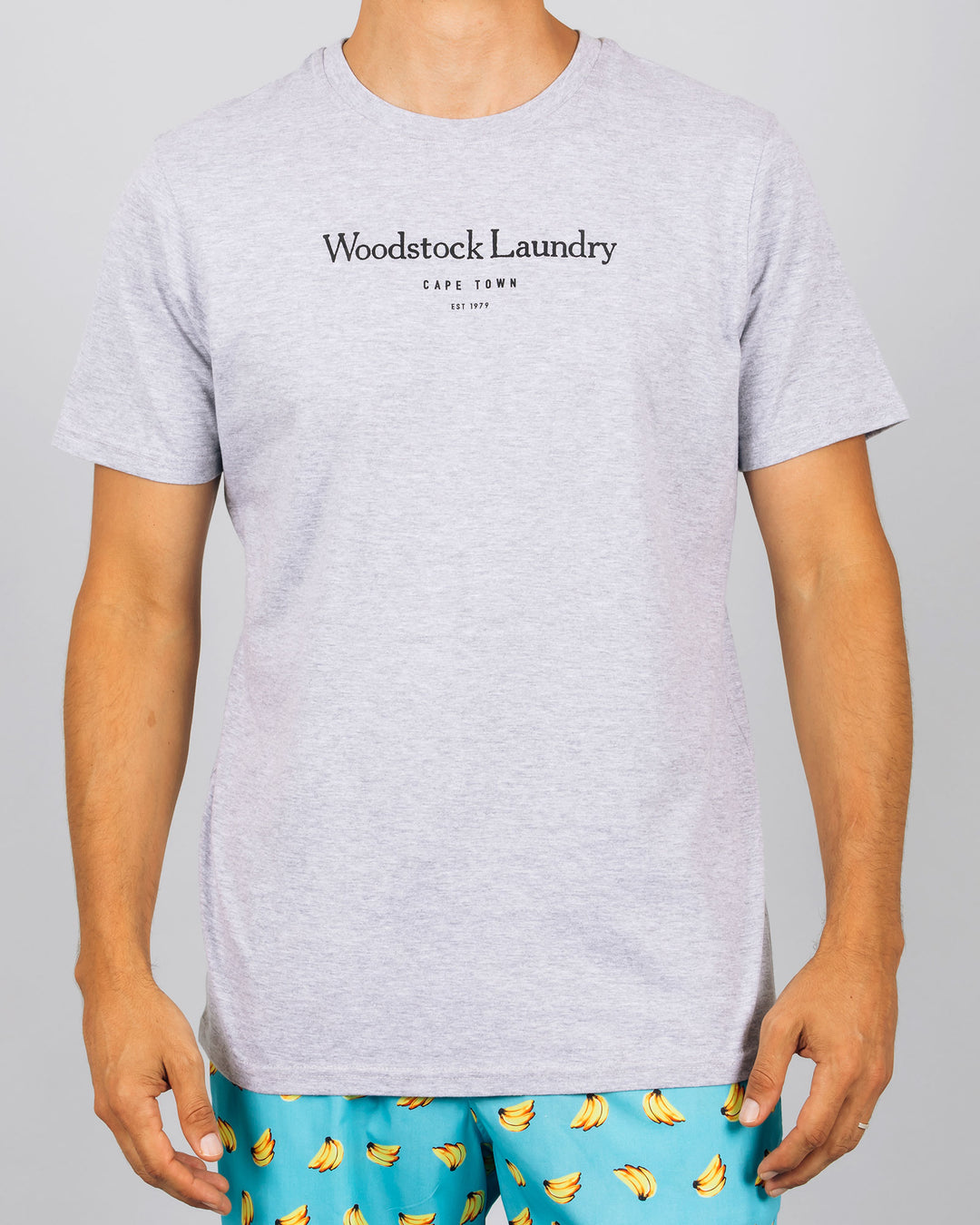 Mens Melange T-Shirt - Black Typo Front - Woodstock Laundry