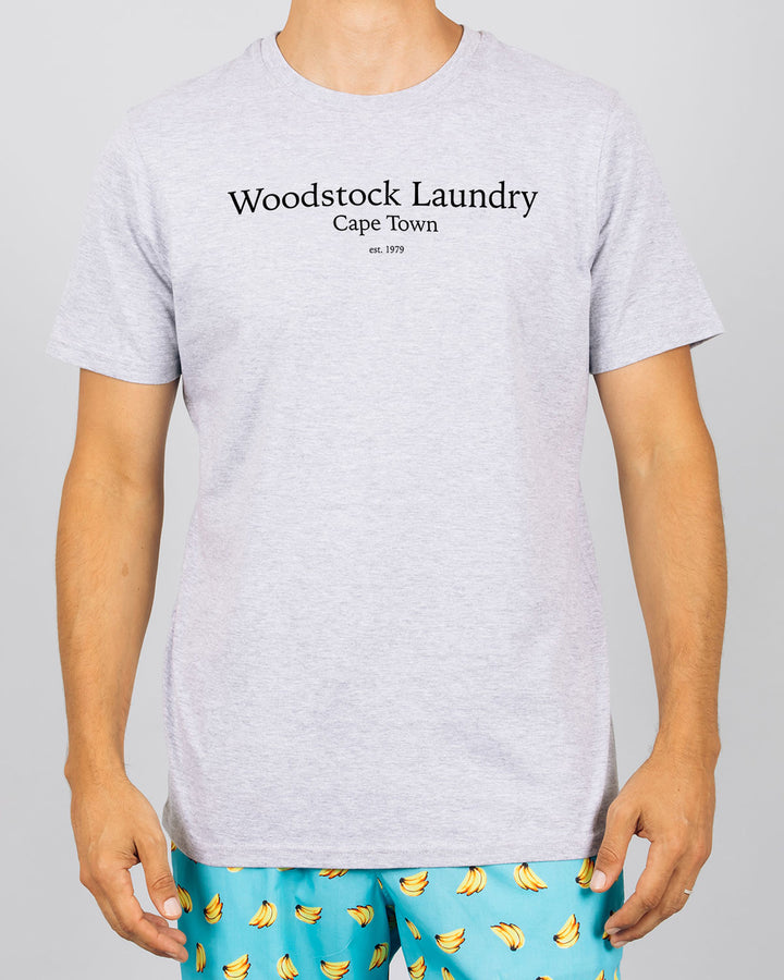 Mens Melange T-Shirt Typo Black Front - Woodstock Laundry