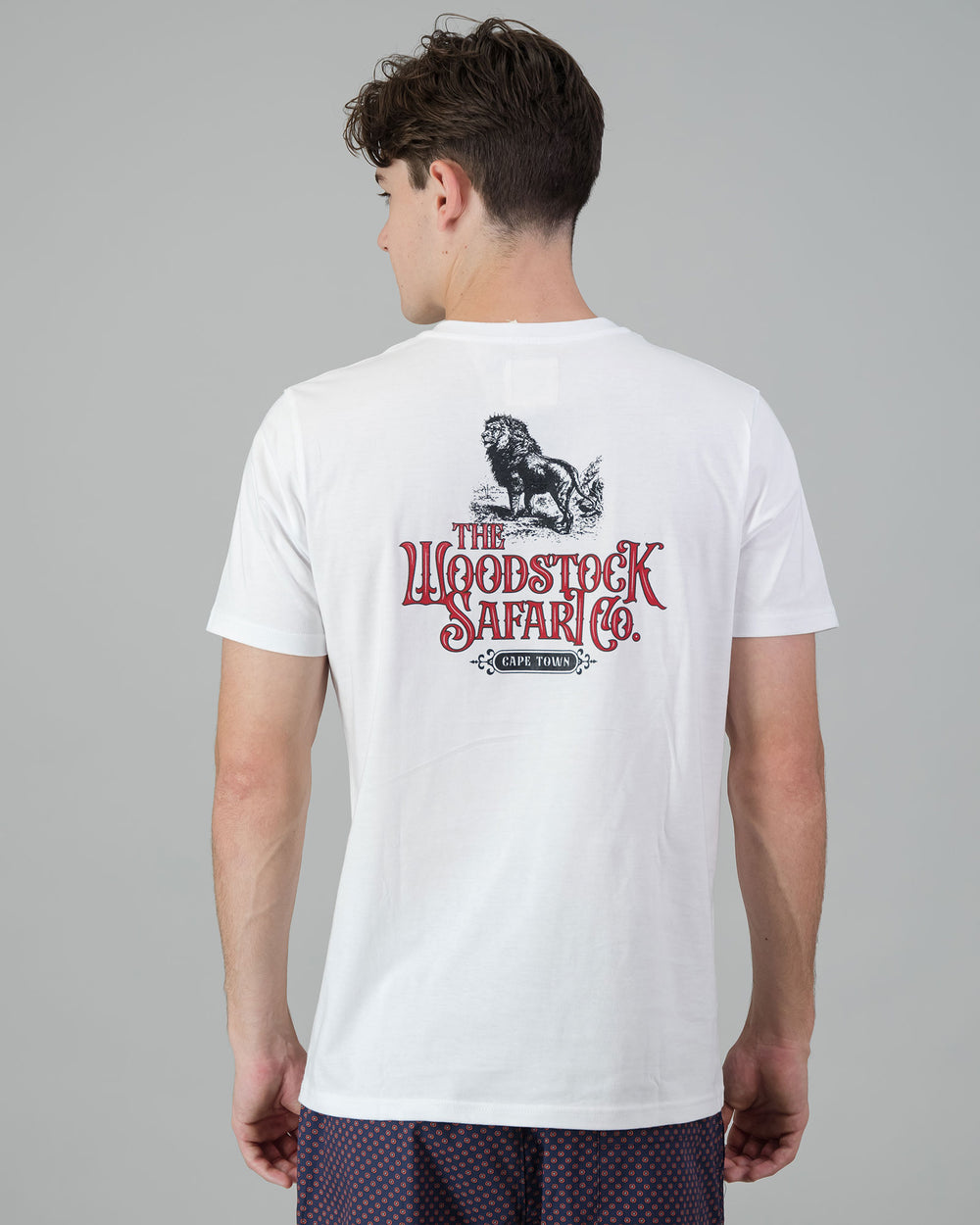 Mens T-Shirt - Woodstock Safari on White Back - Woodstock Laundry