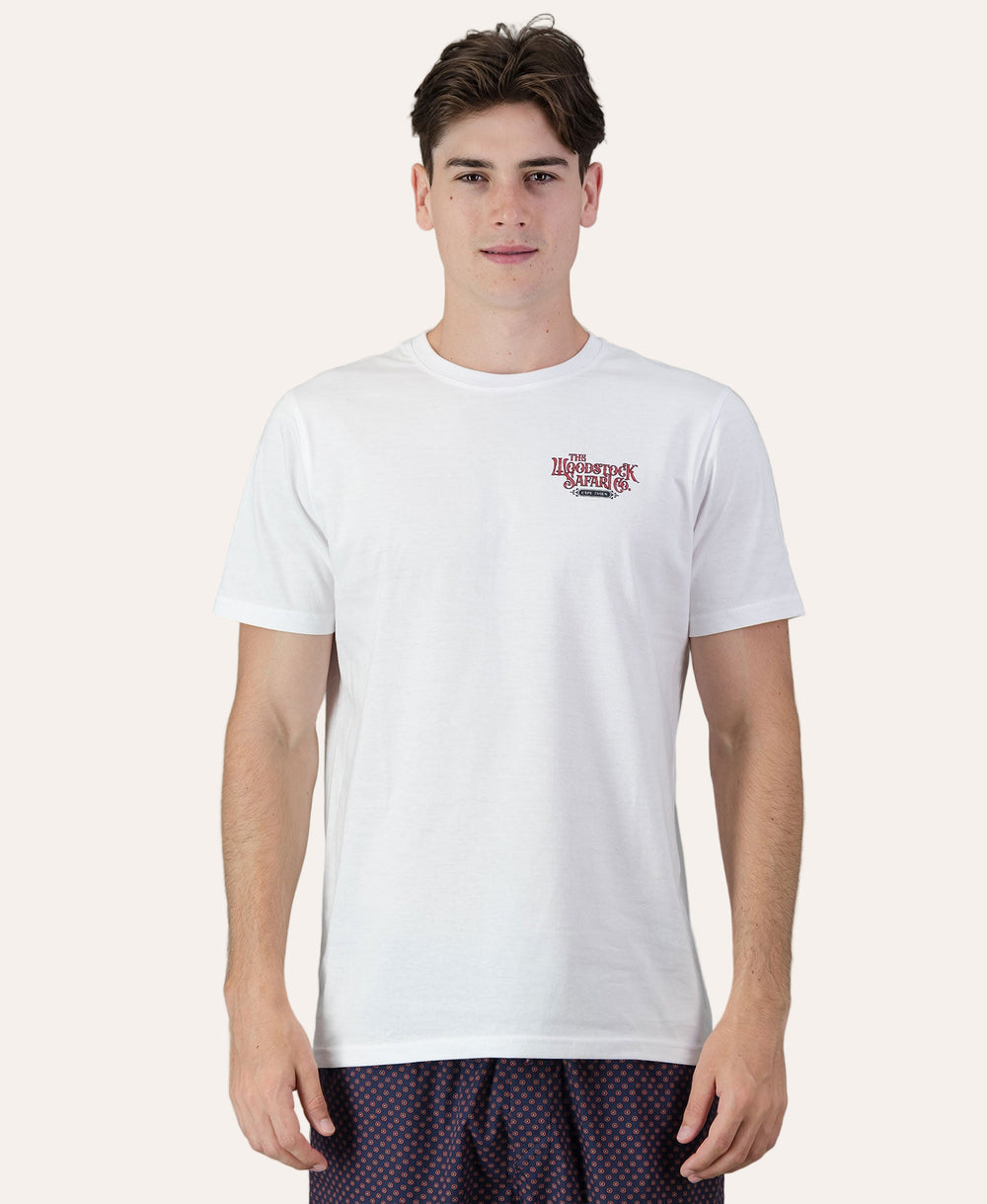 Mens T-Shirt - Woodstock Safari on White Front - Woodstock Laundry