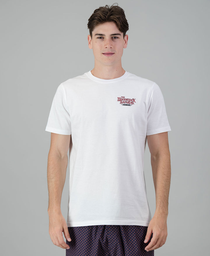Mens T-Shirt - Woodstock Safari on White Front - Woodstock Laundry