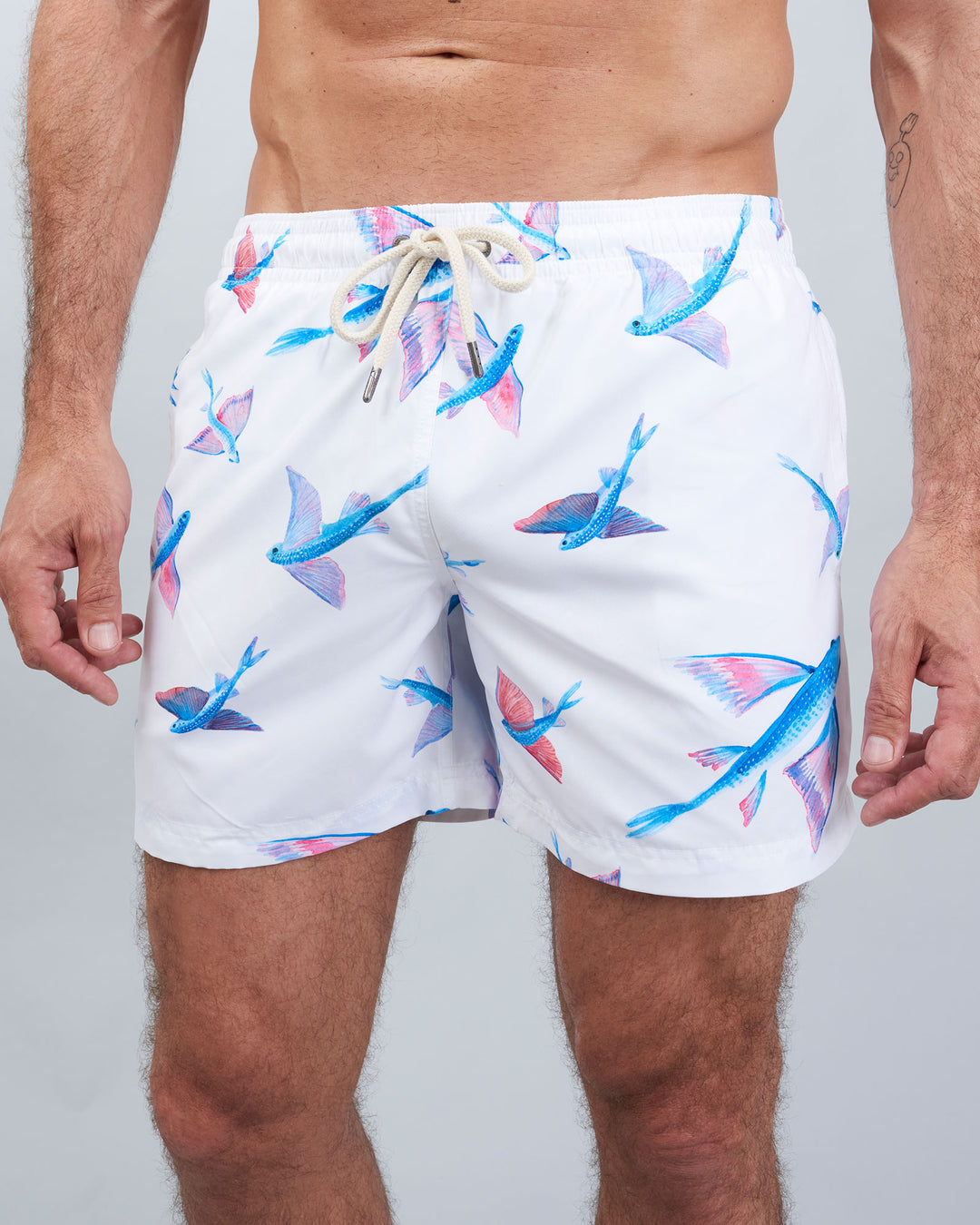 Mens Swim Shorts Fish White Front - Woodstock Laundry