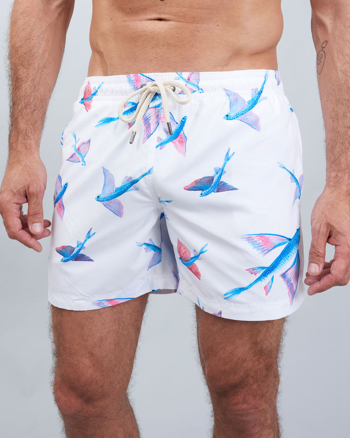 Mens Swim Shorts Fish White Front - Woodstock Laundry