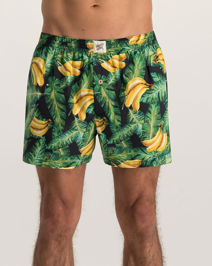 Mens Boxer Shorts - Bananas on Leaves Front - Woodstock Laundry