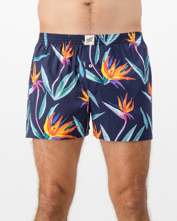 Mens Boxer Shorts - Strelitzia on Black