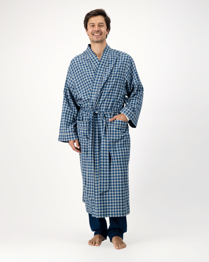 Mens Kimono Gown - Grey Gingham on Navy