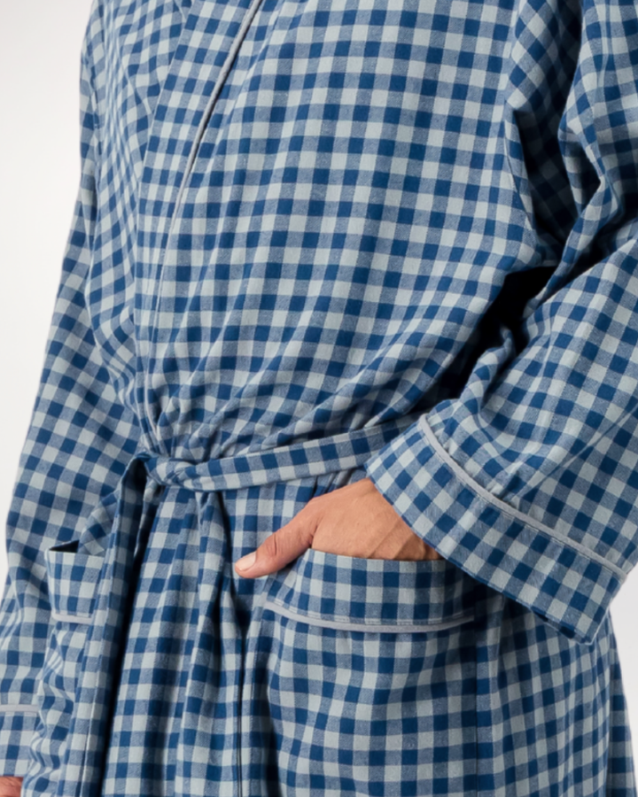 Mens Kimono Gown - Grey Gingham on Navy