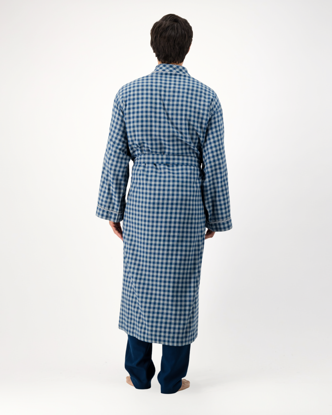 Mens Kimono Gown - Grey Gingham on Navy
