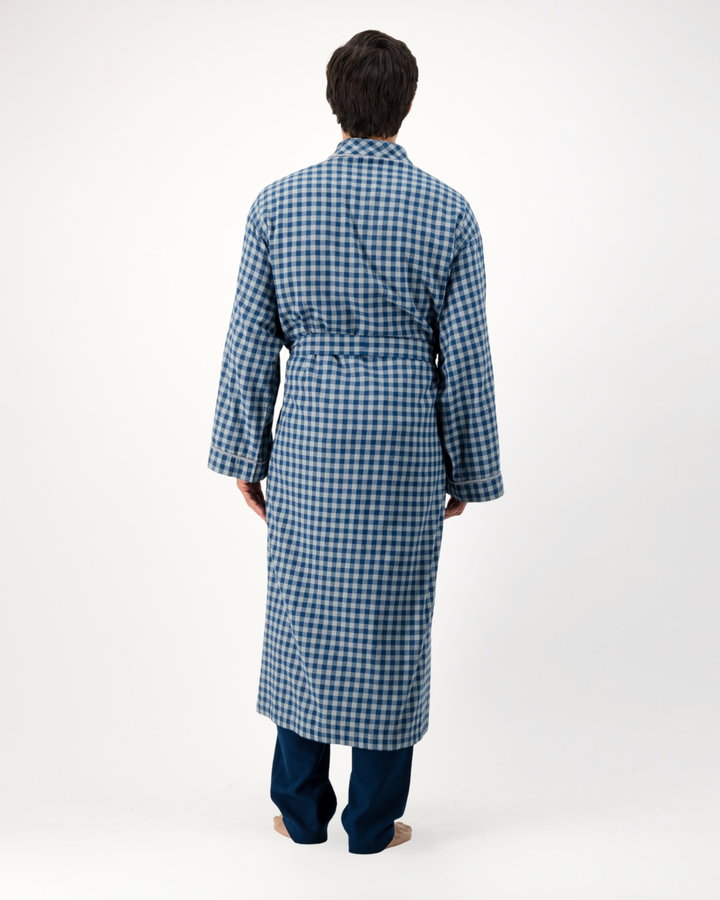 Mens Kimono Gown - Grey Gingham on Navy