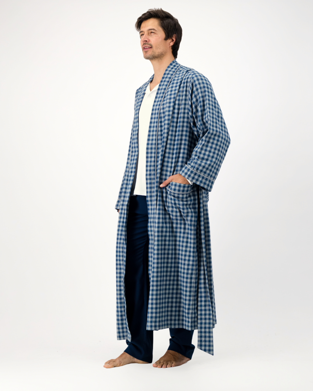 Mens Kimono Gown - Grey Gingham on Navy