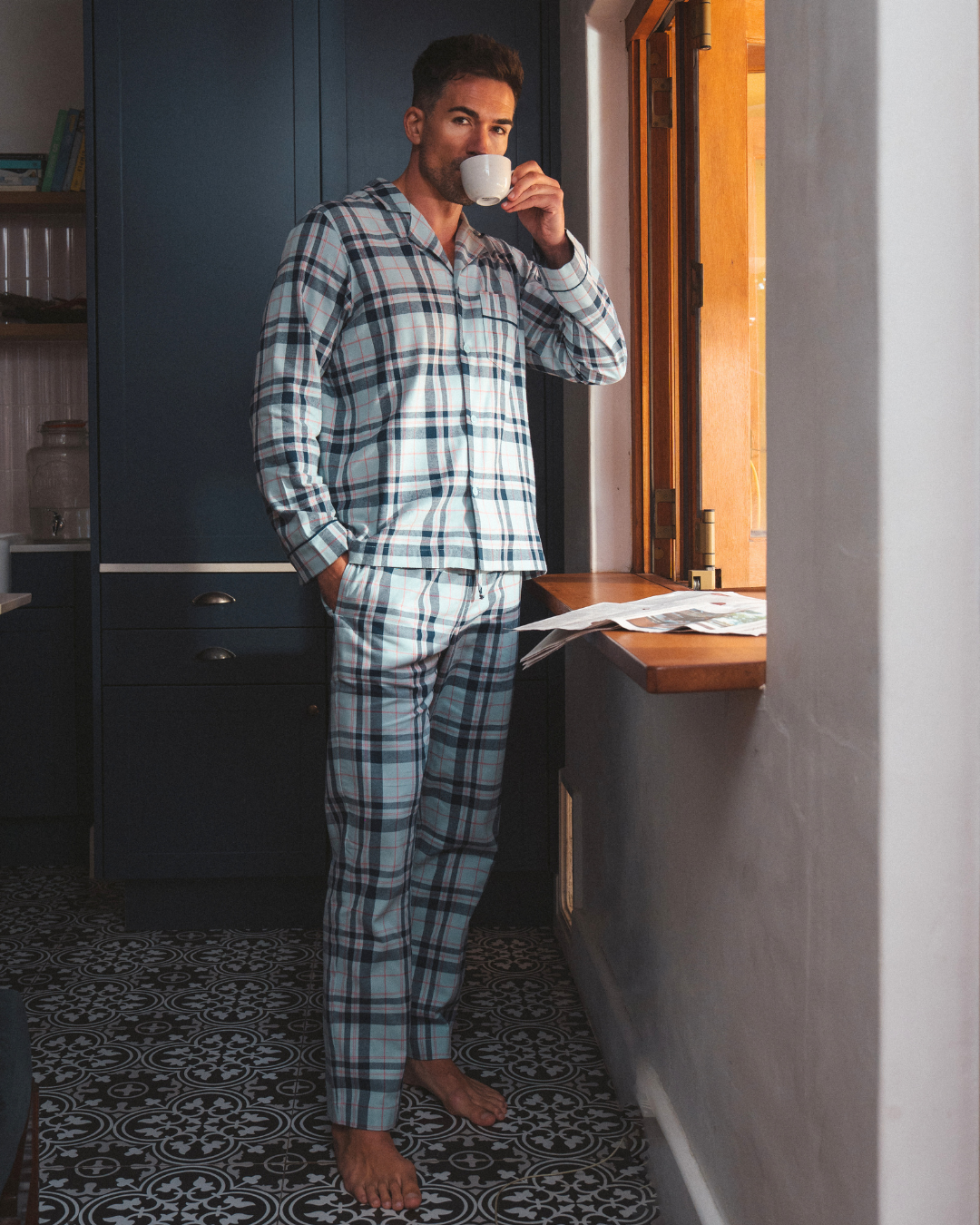 Mens Long Pyjamas - Billy on Turquoise