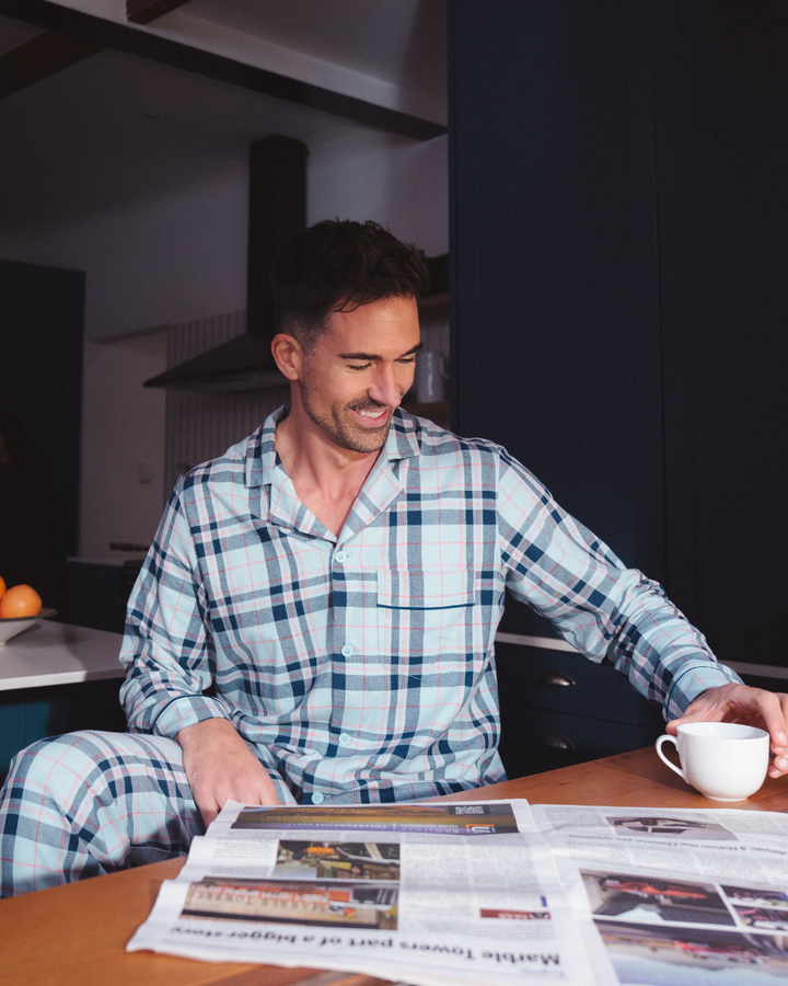 Mens Long Pyjamas - Billy on Turquoise