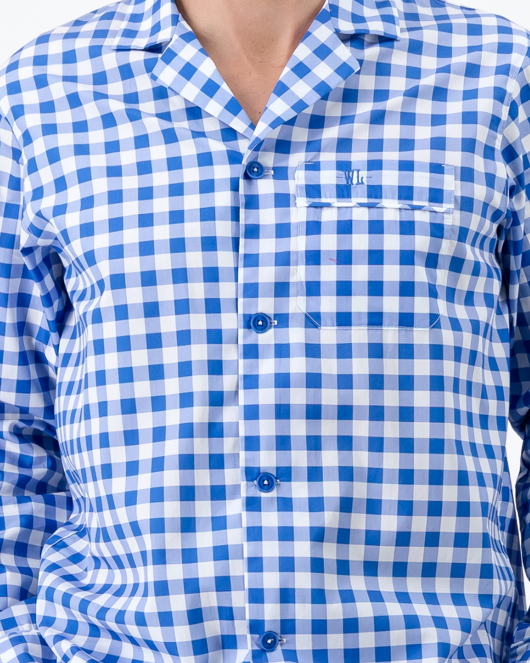 Mens Long Pyjamas - Blue Gingham on White