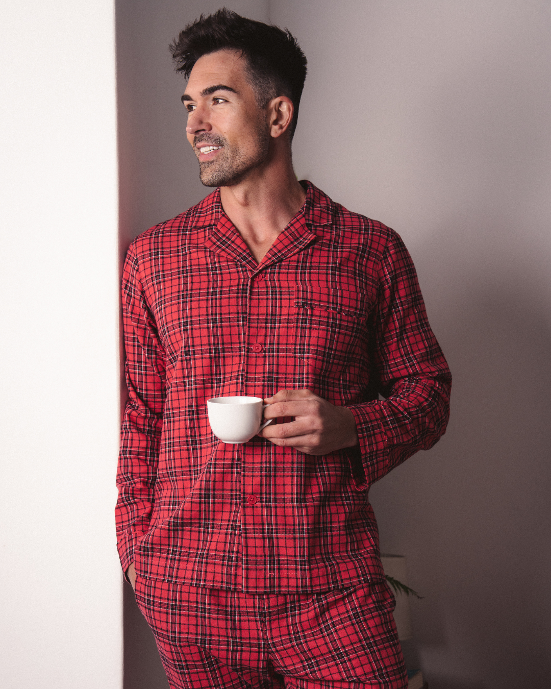 Mens Long Pyjamas - Camden Check on Red