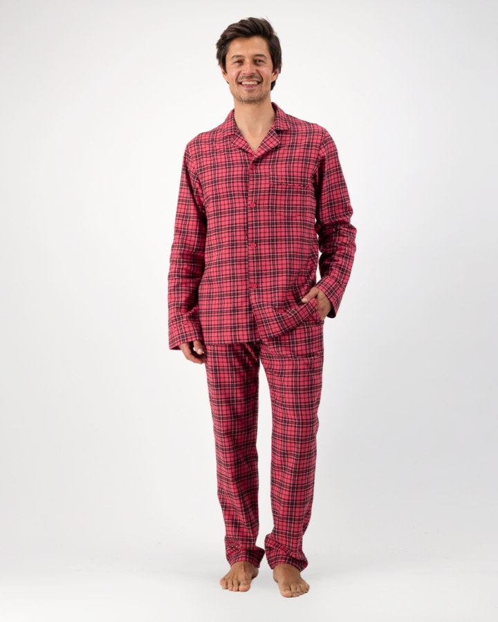Mens Long Pyjamas - Camden Check on Red