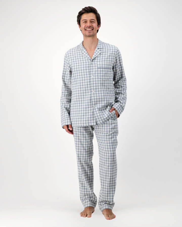 Mens Long Pyjamas - Grey Gingham on Cream