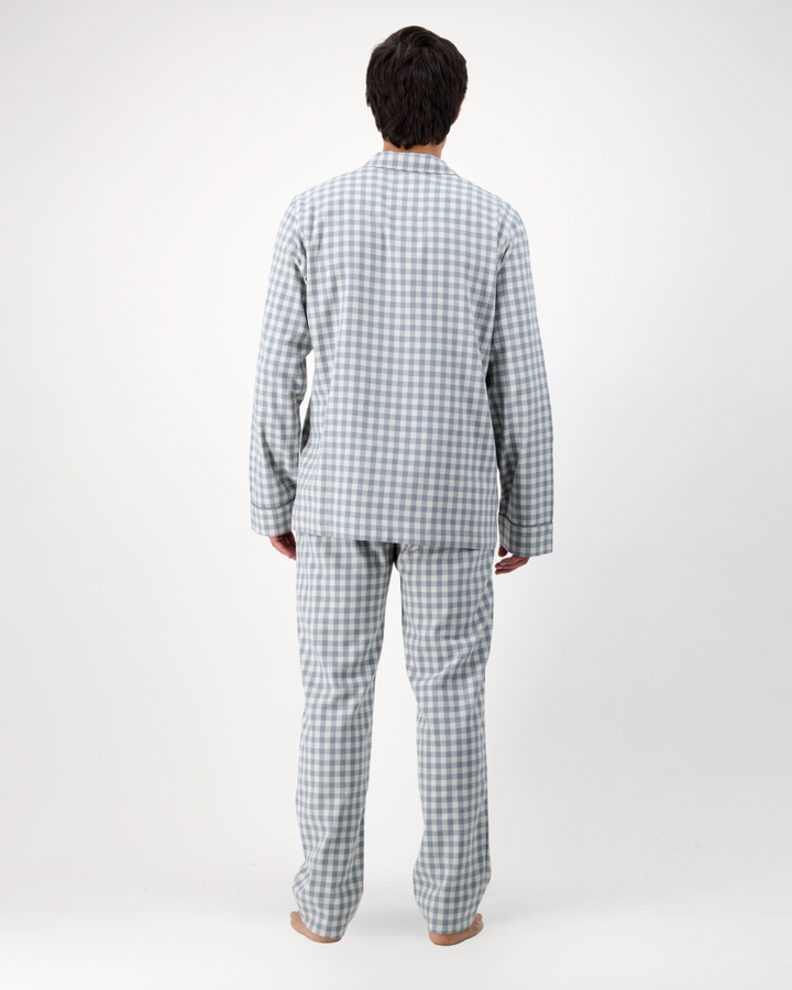 Mens Long Pyjamas - Grey Gingham on Cream