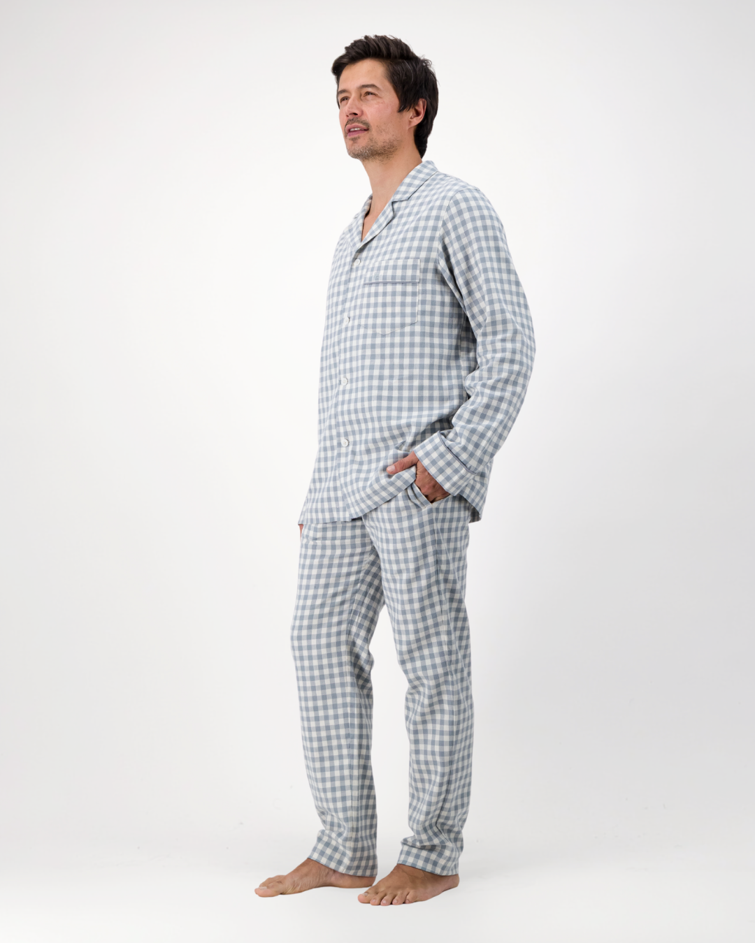 Mens Long Pyjamas - Grey Gingham on Cream