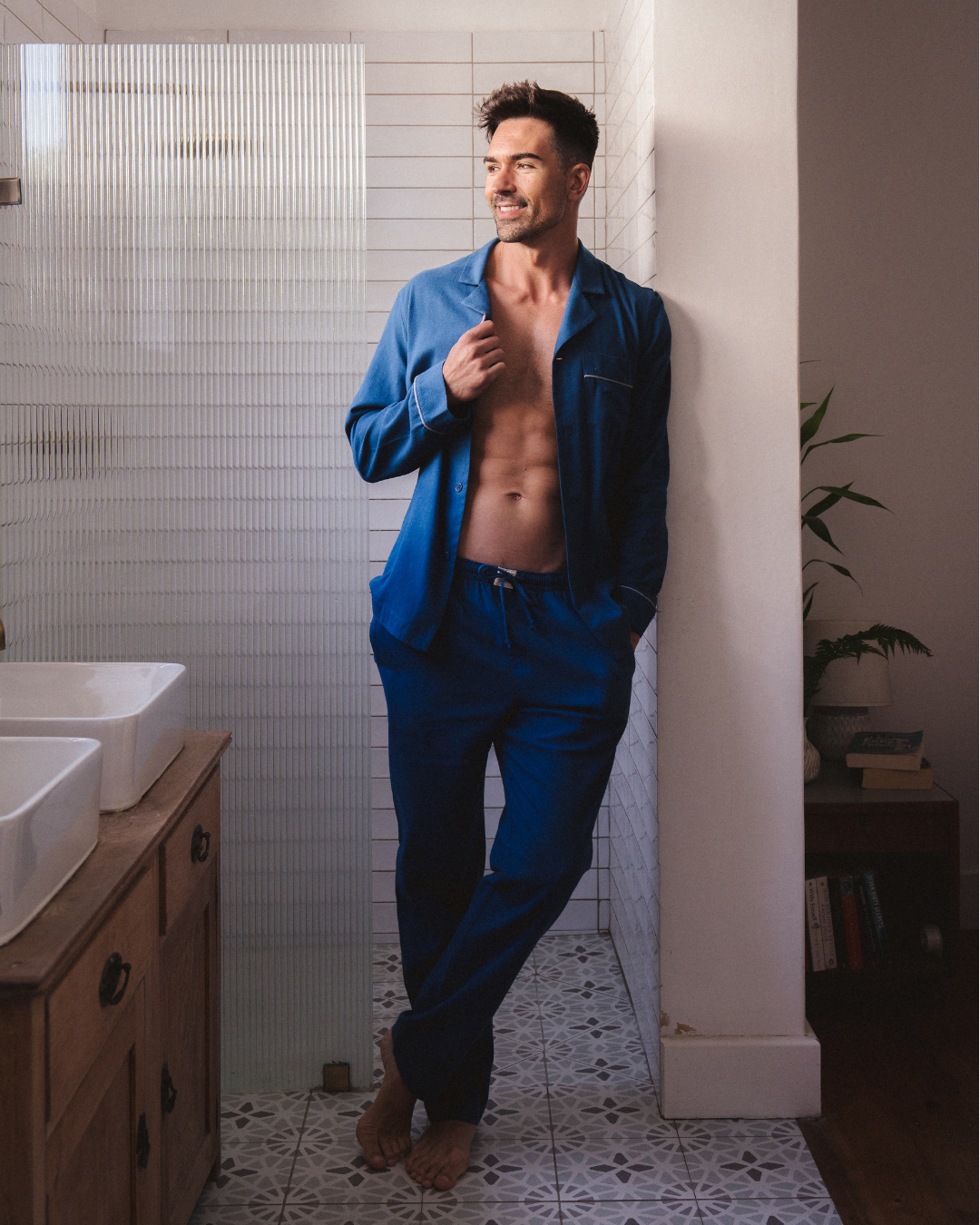 Mens Long Pyjamas - Plain Light Navy