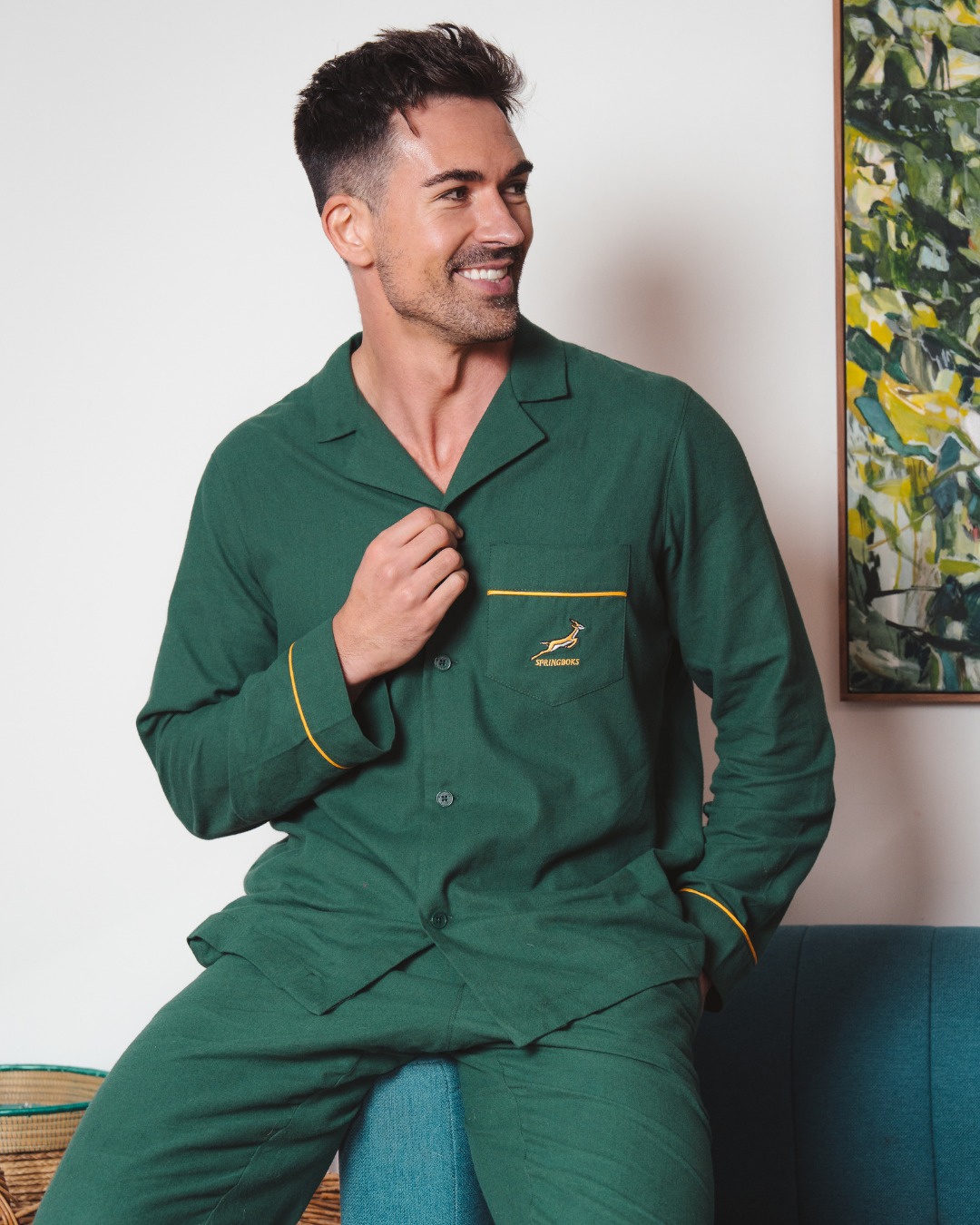 Mens Long Pyjamas - Springboks on Green
