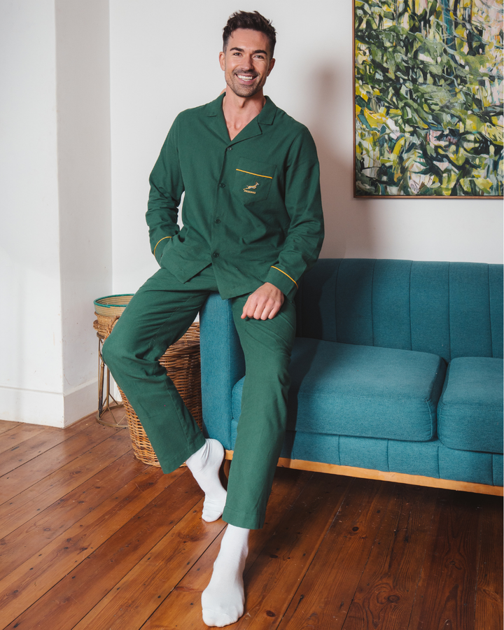 Mens Long Pyjamas - Springboks on Green