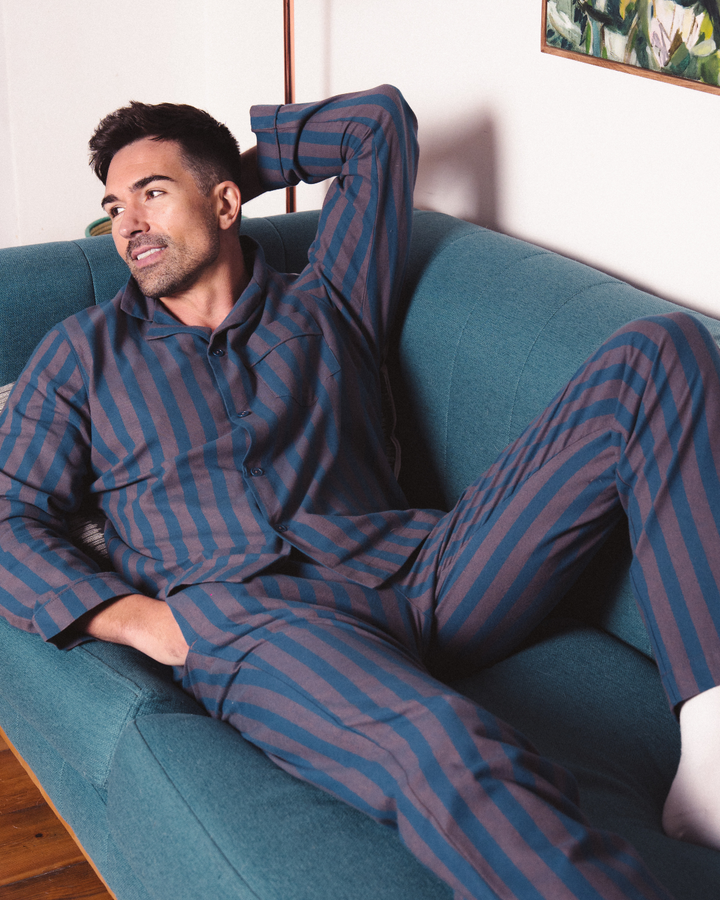 Mens Long Pyjamas - Yoko Navy on Brown