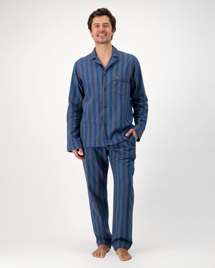Mens Long Pyjamas - Yoko Navy on Brown