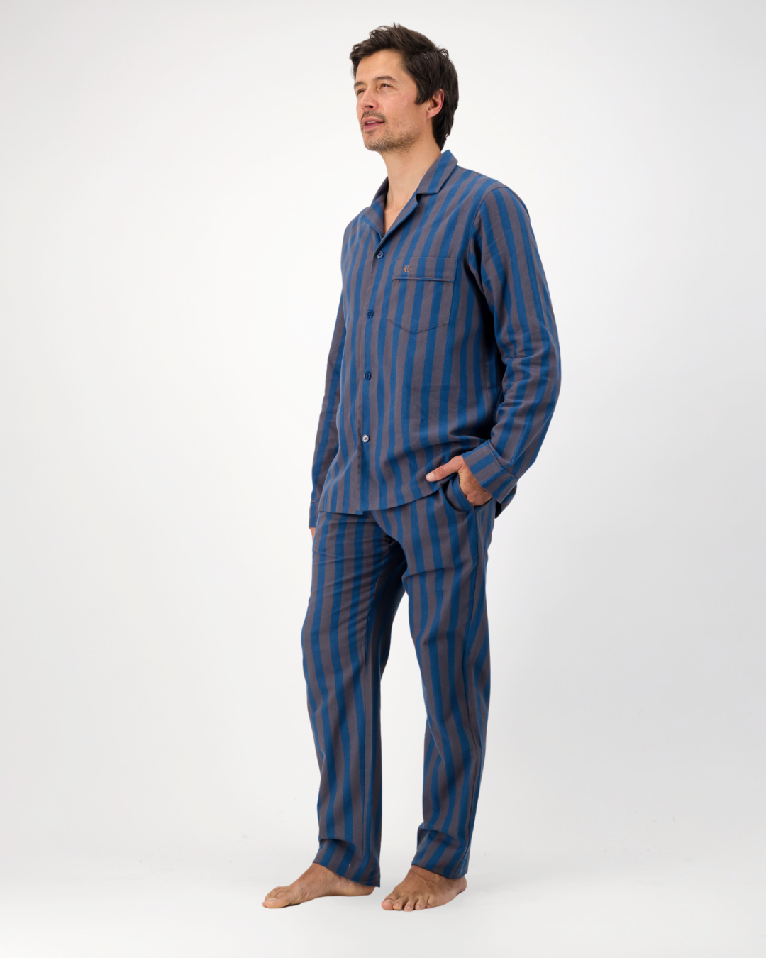 Mens Long Pyjamas - Yoko Navy on Brown