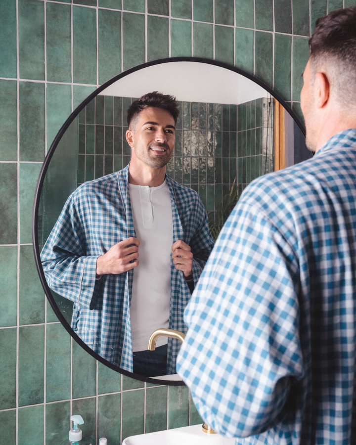 Mens Kimono Gown - Grey Gingham on Navy