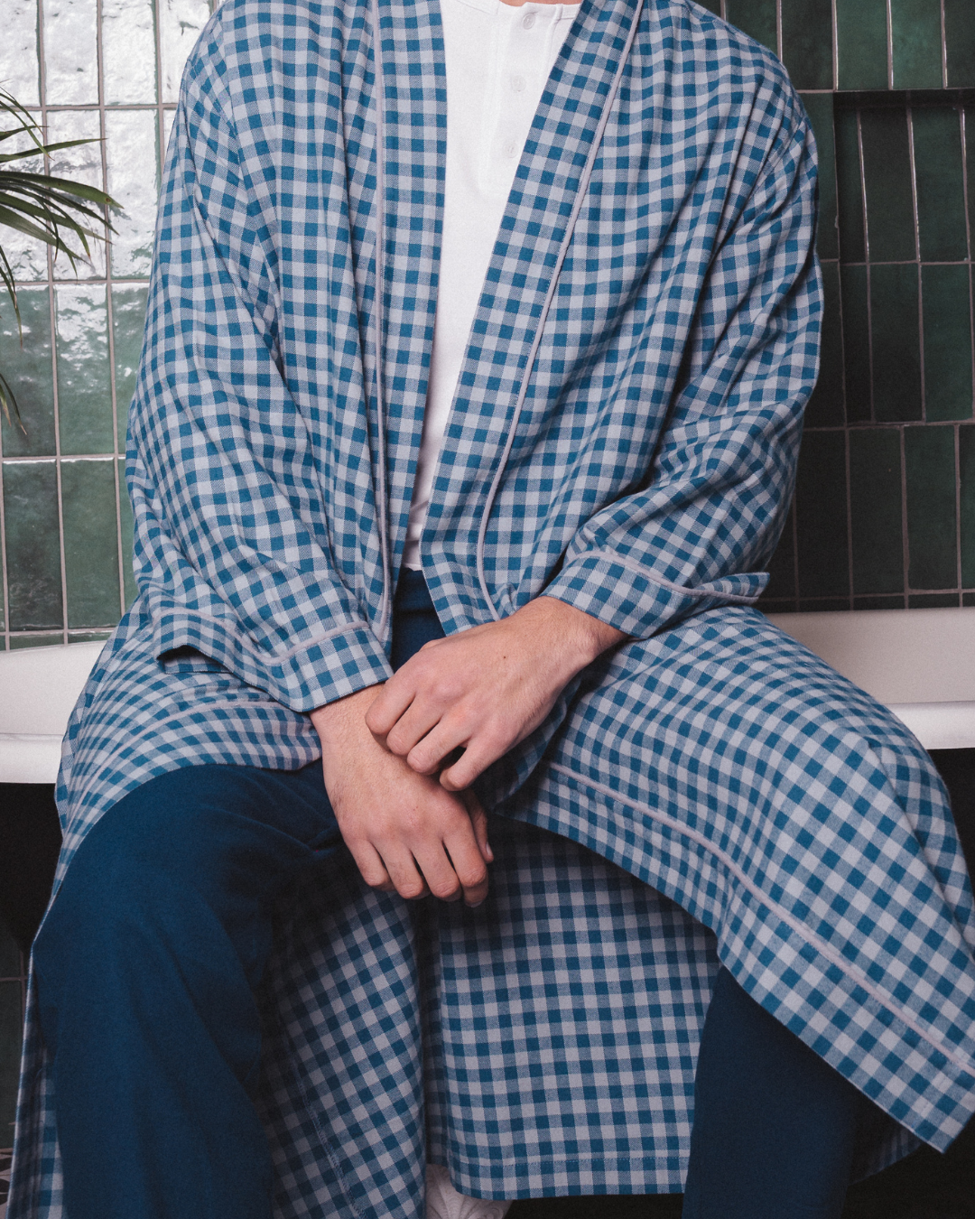 Mens Kimono Gown - Grey Gingham on Navy