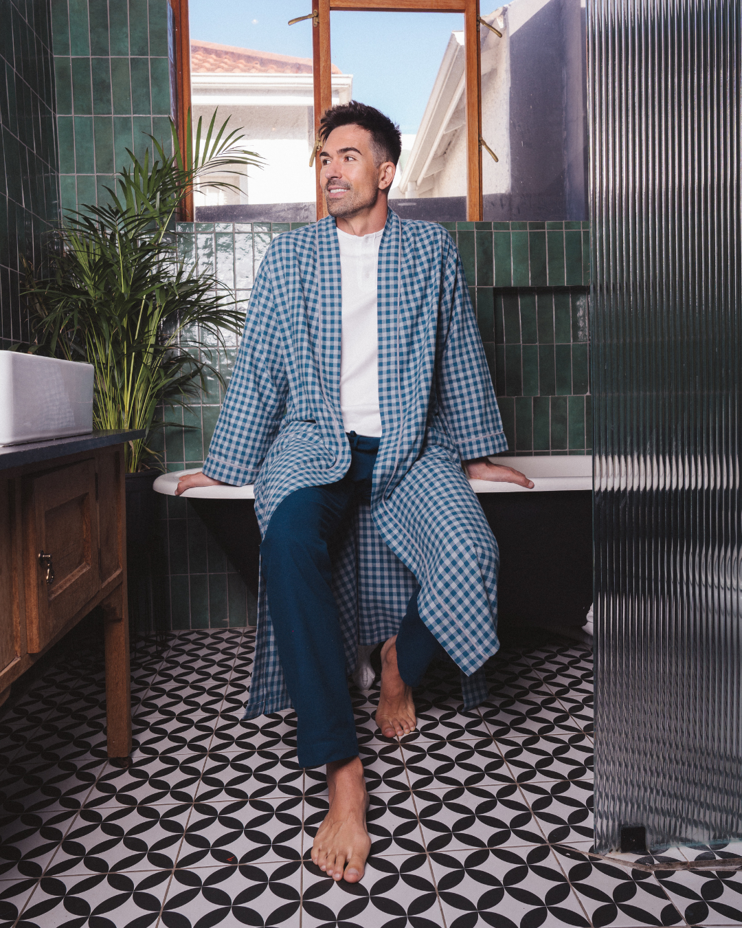 Mens Kimono Gown - Grey Gingham on Navy