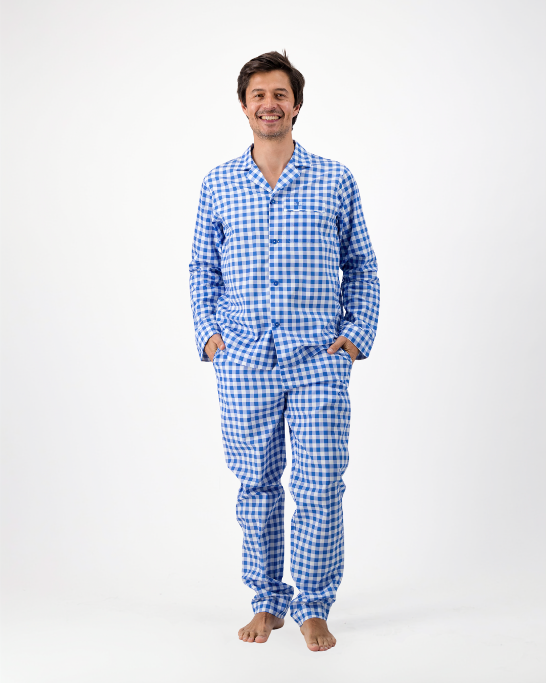 Mens Long Pyjamas - Blue Gingham on White