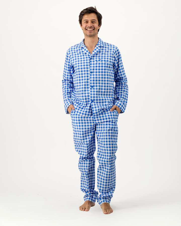 Mens Long Pyjamas - Blue Gingham on White