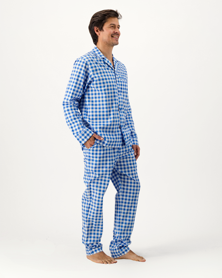 Mens Long Pyjamas - Blue Gingham on White