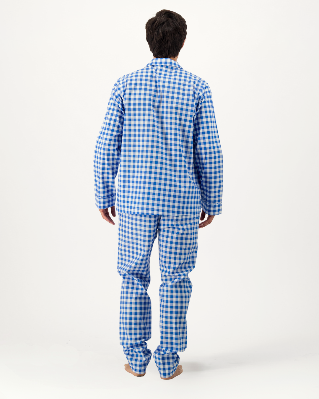 Mens Long Pyjamas - Blue Gingham on White