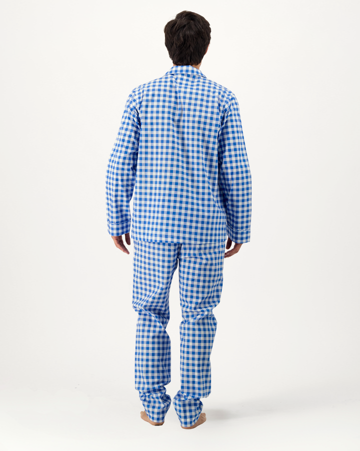 Mens Long Pyjamas - Blue Gingham on White