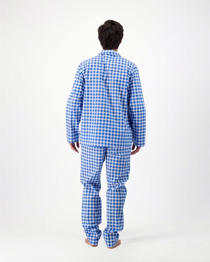 Mens Long Pyjamas - Blue Gingham on White