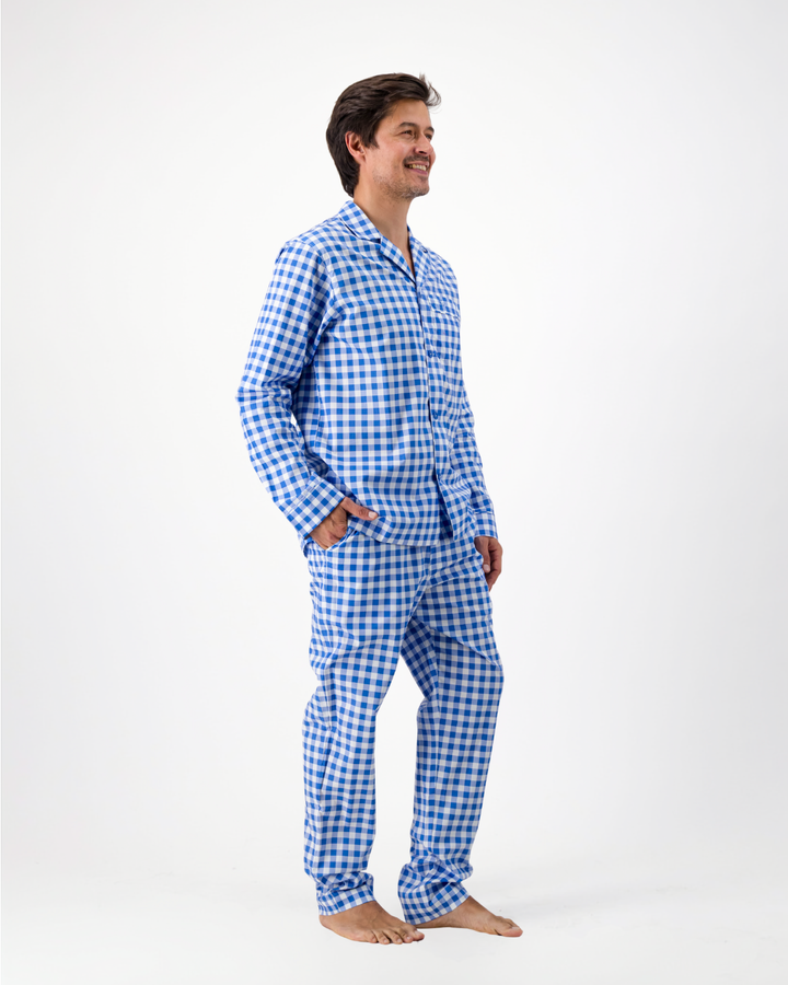 Mens Long Pyjamas - Blue Gingham on White