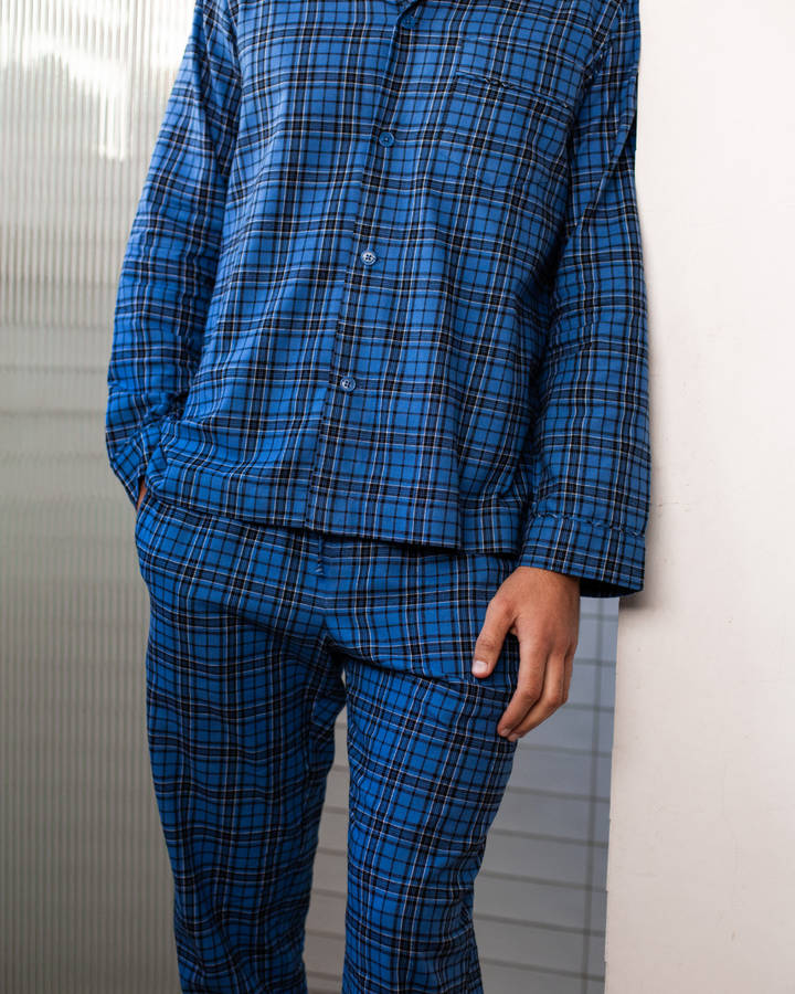 Mens Long Pyjamas - Camden Check on Blue