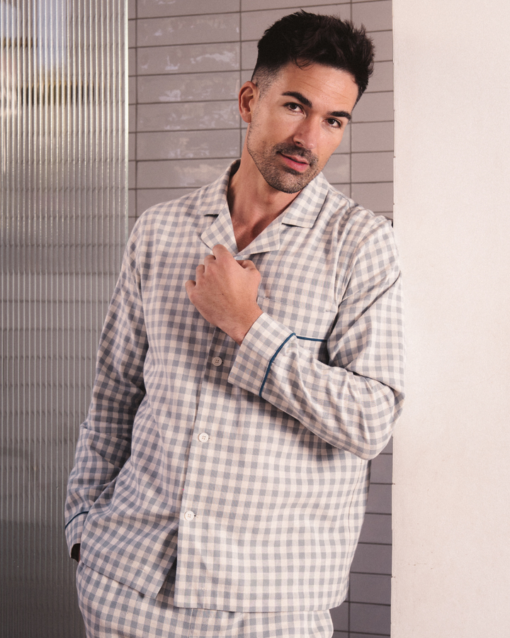 Mens Long Pyjamas - Grey Gingham on Cream