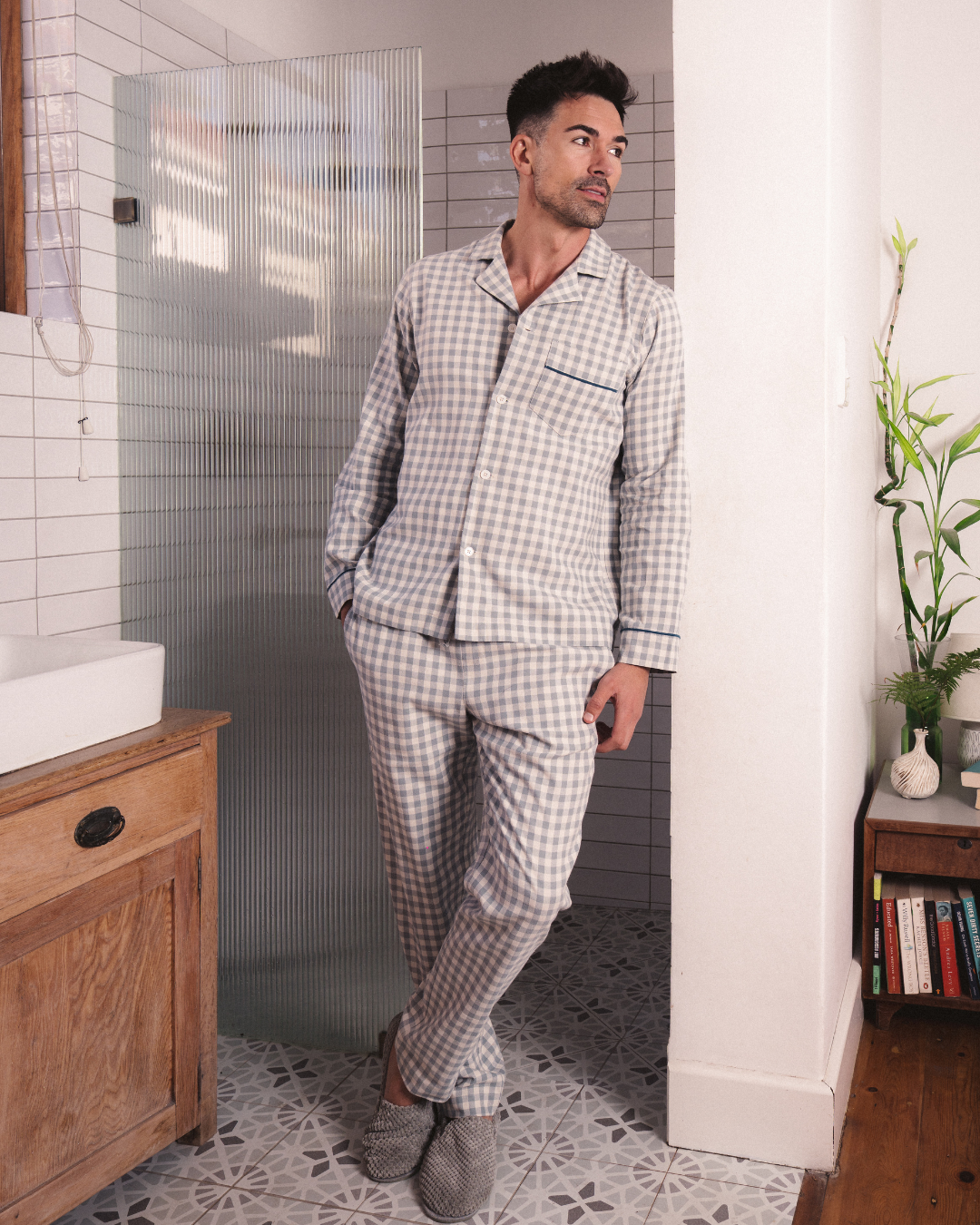 Mens Long Pyjamas - Grey Gingham on Cream