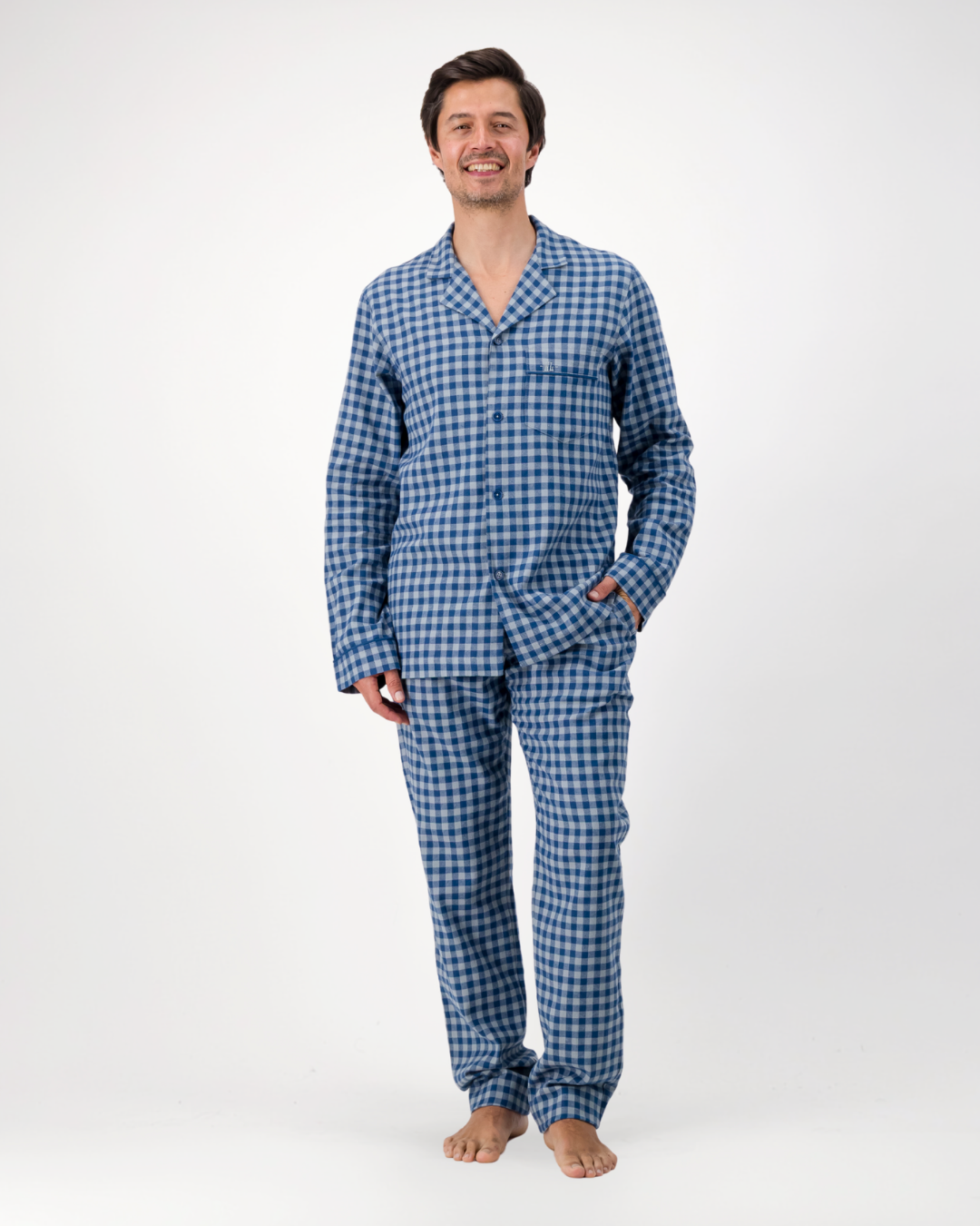 Mens Long Pyjamas - Grey Gingham on Navy