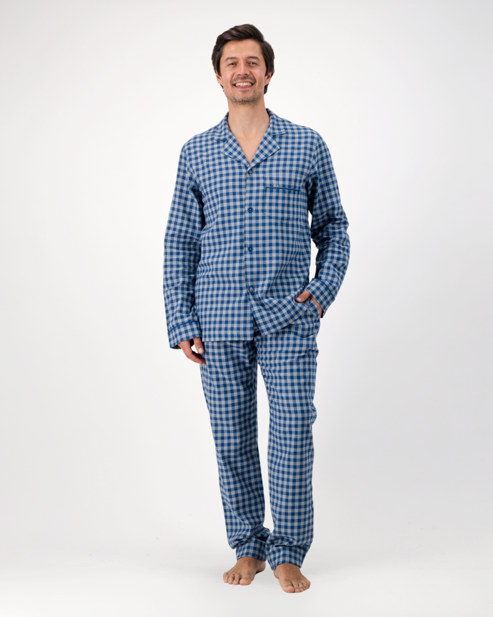 Mens Long Pyjamas - Grey Gingham on Navy